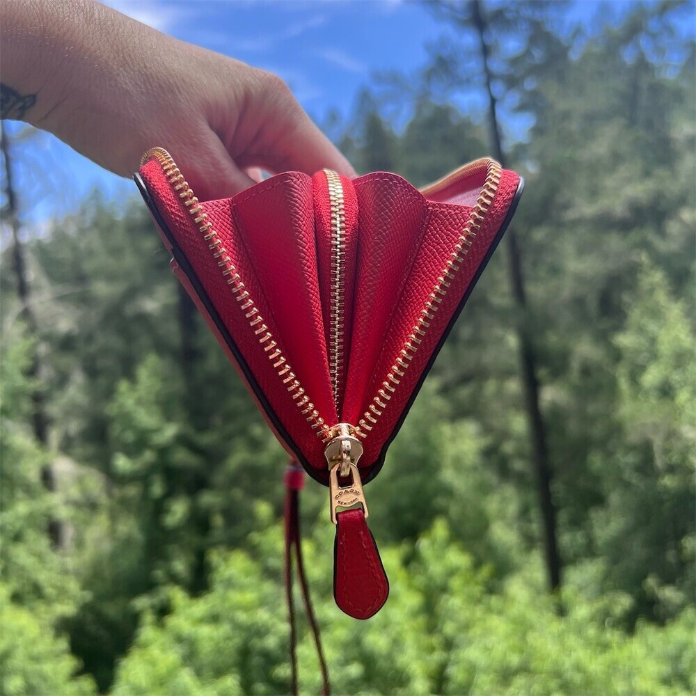 COACH Long Zip-Around RED Pebble Leather Wallet Gold Hardware with Wrist-Strap - Picture 6 of 16